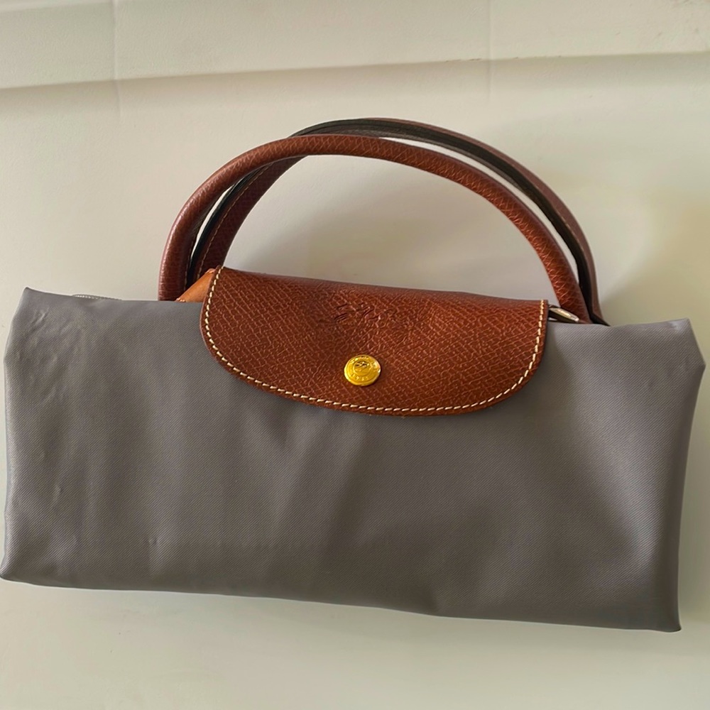Longchamp Foldable Travel Tote in Brown Leather and Gray Nylon
